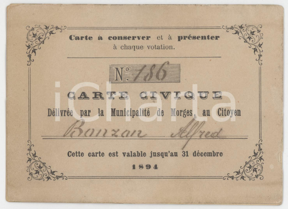 1894 MORGES - CANTON VAUD Carte civique 12x8 cm