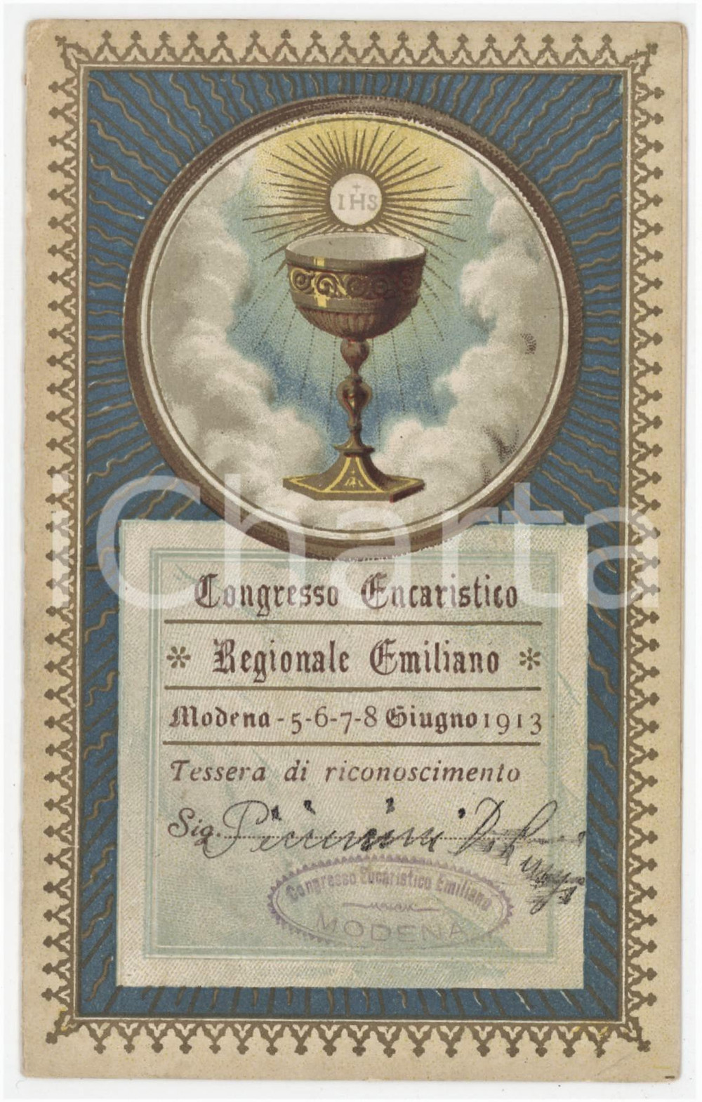 1913 MODENA Congresso eucaristico regionale emiliano - Tessera con programma