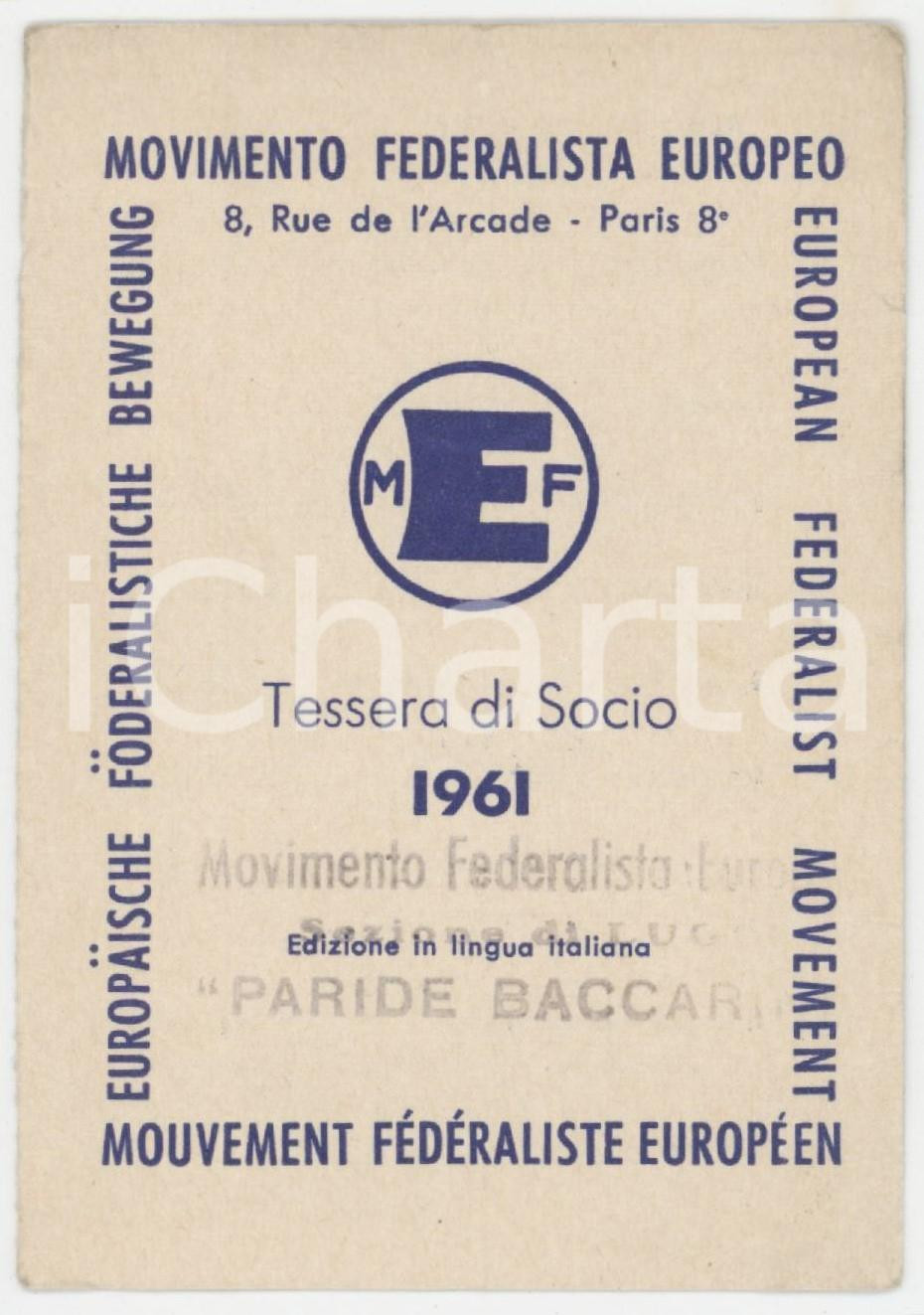 1961 LUGO - MEF Movimento Federalista Europeo - Sez. Paride BACCARI Tessera