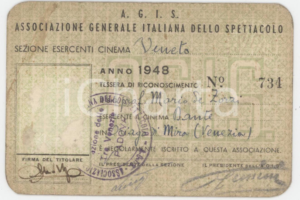 1948 ORIAGO DI MIRA (VE) Cinema Dante - Tessera AGIS Esercenti Veneto