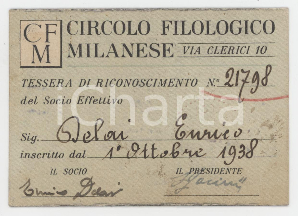1945 MILANO - CFM Circolo Filologico Milanese - Tessera 9x7 cm Tessera d'epoca. VERY POOR/gravemente danneggiato Lievi smussature agli angoli, ingialliture, estesa abrasione al verso Formato: 9x7 cm originale e autentica 1