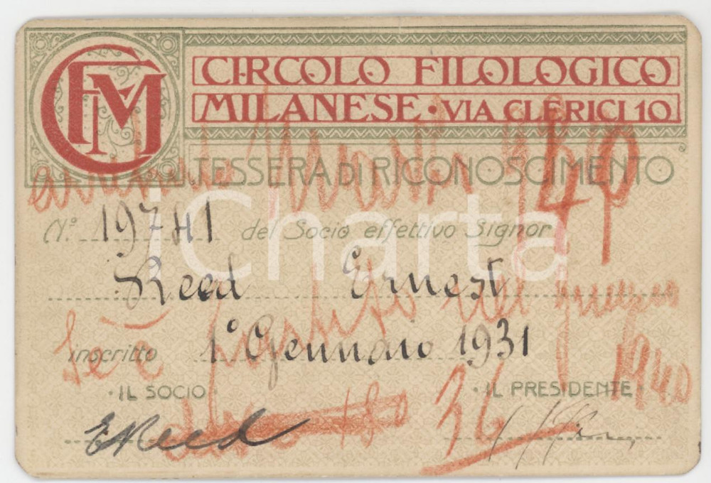 1931 MILANO Circolo Filologico Milanese - Tessera di Ernest REED