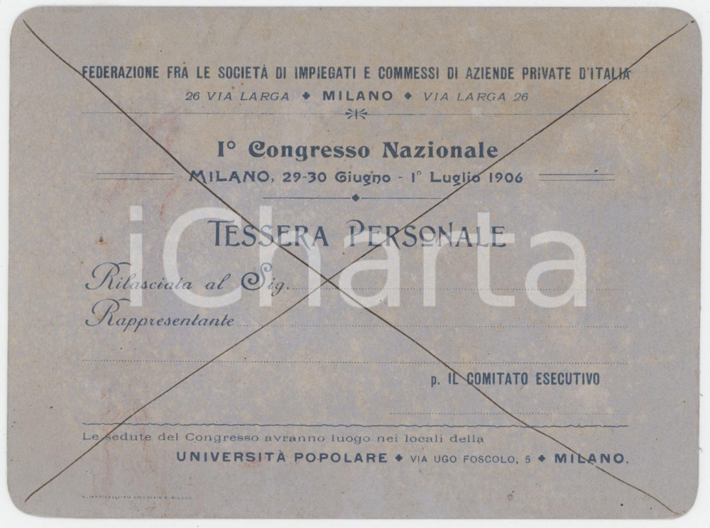 1906 MILANO - I Congresso Federazione tra impiegati e commessi - Tessera 14x10