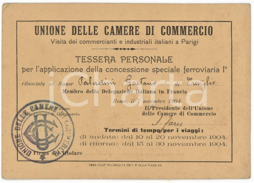 1904 TREVIGLIO Camere di Commercio a PARIGI Tessera concessione ferroviaria Tessera d'epoca.   FAIR/discreto Lievi smussature e piegature agli angoli Formato: 13x10 cm originale e autentica 1