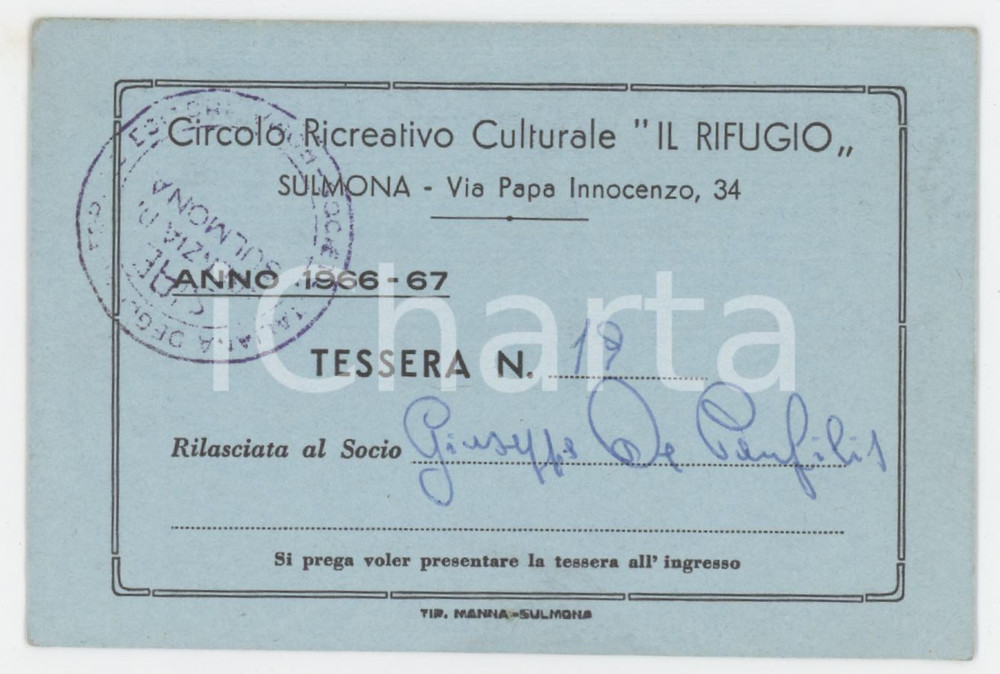 1966 SULMONA Circolo ricreativo "Il rifugio" - Tessera 10x7 cm