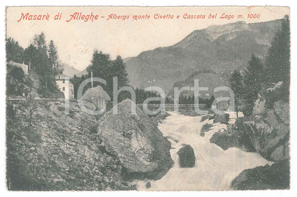 1908 MASARE' / ALLEGHE (BL) Albergo MONTE CIVETTA e cascata del lago *Cartolina  Cartolina postale d'epoca, viaggiata. GOOD/buono  Formato: 14x9 cm originale e autentica 1