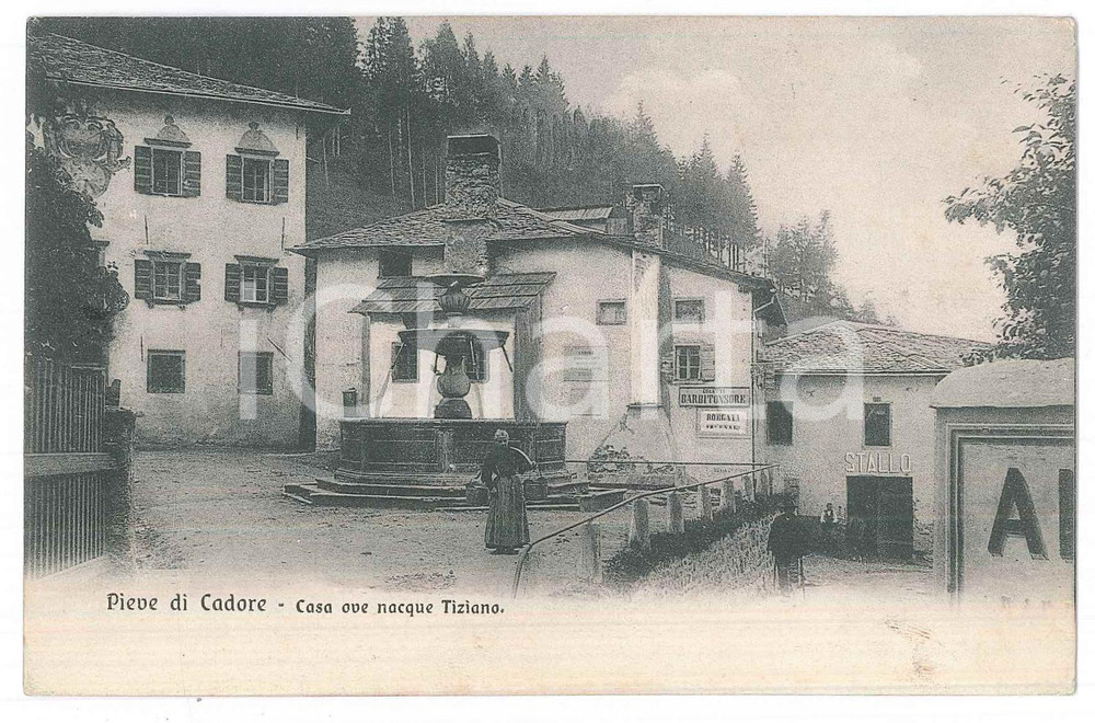 1908 PIEVE DI CADORE (BL) Casa ove nacque Tiziano - Cartolina postale FP VG  Cartolina postale d'epoca, viaggiata.Uno dei francobolli &egrave; stato spostato, rendendo visibile il messaggio sottostante. GOOD/buono  Formato: 14x9 cm originale e autentica 1