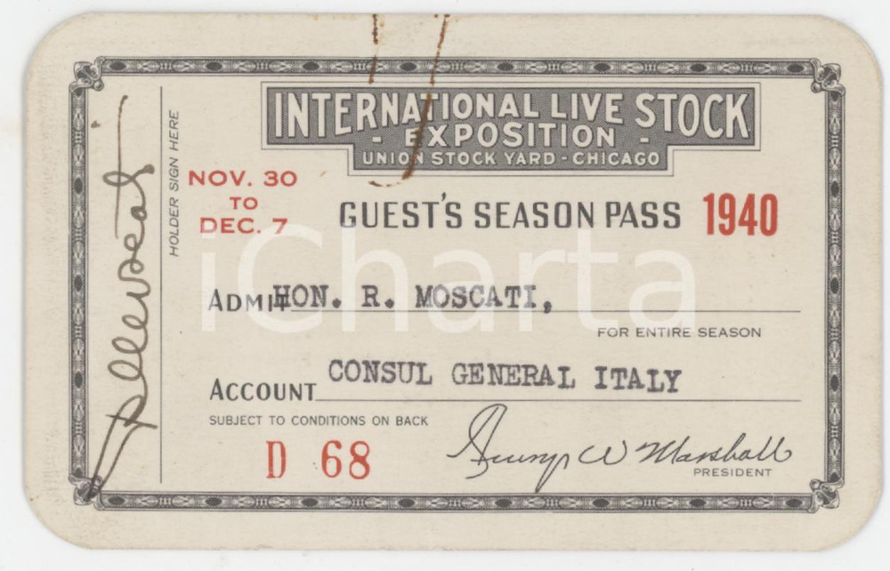 1940 CHICAGO International live stock exposition - Guest's season pass 10x6 Tessera d'epoca. FAIR/discreto Piccole macchie al margine superiore Formato: 10x6 cm originale e autentica 1