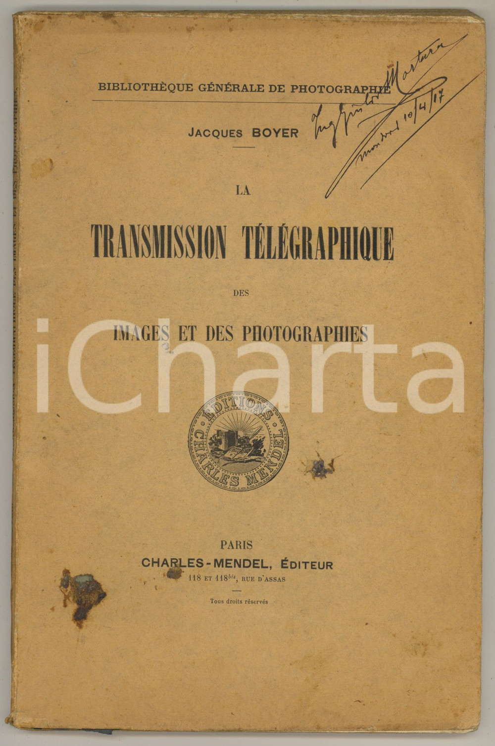 1914 Jacques BOYER La transmission télégraphique des images et photographies Pubblicazione d'epoca, con copertina flessibile, illustrata b/n, relativa alle prime forme di trasmissione delle immagini in video (la televisione)PAGINE: 86EDITORE: Paris - Charles-Mendel, éditeurPOOR/danneggiato buone condizioni interne, ma copertina danneggiata da residui , con minimi strappi, macchie e gualcitureFormato: 16x25 cm originale e autentica 0