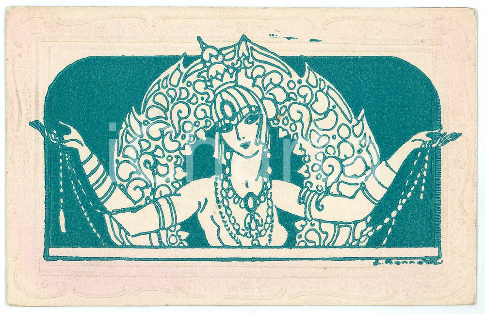 1910 ca ART DECO Artist Léon BONNOTTE - Woman - Green *Embossed postcard  Cartolina postale d'epoca, non viaggiata.CONDIZIONI: FAIR (minimo foro di affissione al lato sinistro)FORMATO: FP    originale e autentica 1