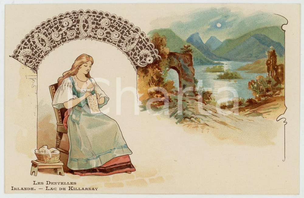 1910 ca LES DENTELLES - IRLANDE - Lac de KILLARNAY - Postcard Cartolina postale originale d'epoca, priva della stampa al verso, realizzata per essere successivamente personalizzata a scopo pubblicitario.FAIR/discreto lievi abrasioni e piccola impressione di inchiostro al versoFormato: 14x9 cm originale e autentica 0
