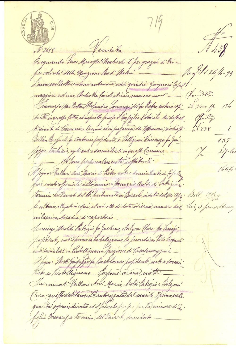 Documento originale, autentico 1899 VICOBELLIGNANO Mario VALLARI vende campo TOVAGLIARO a Giuseppe STORTI 1