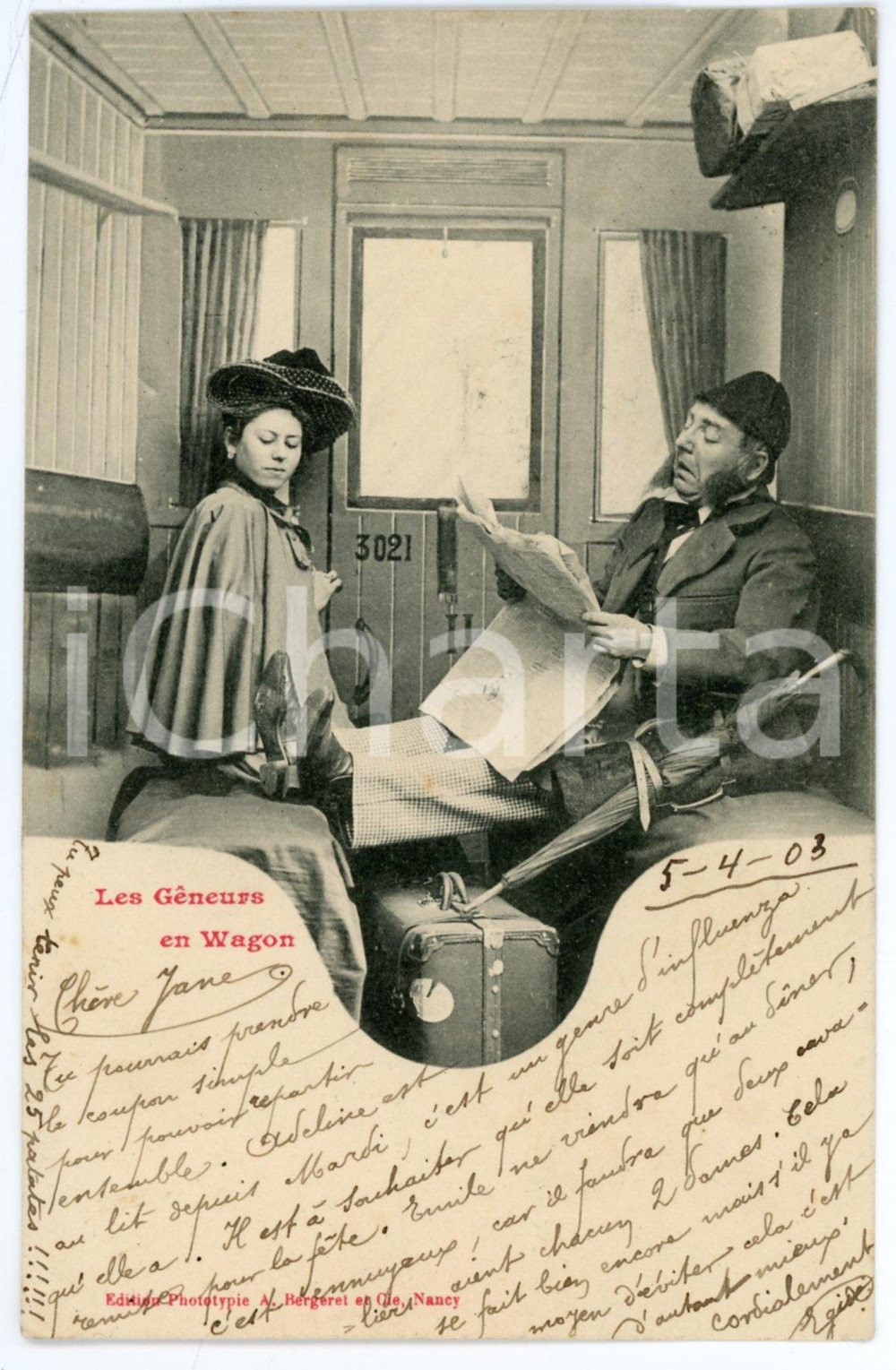 1903 HUMOUR Les gêneurs en wagon *Postcard A. BERGERET CPA (8)  Cartolina postale d'epoca, viaggiata, appartenente alla celebre serie di Bergeret dedicata ai comportamenti che disturbano o imbarazzano in treno.  GOOD/buono minima impressione di inchiostro al verso Formato: 9x14 cm originale e autentica 1