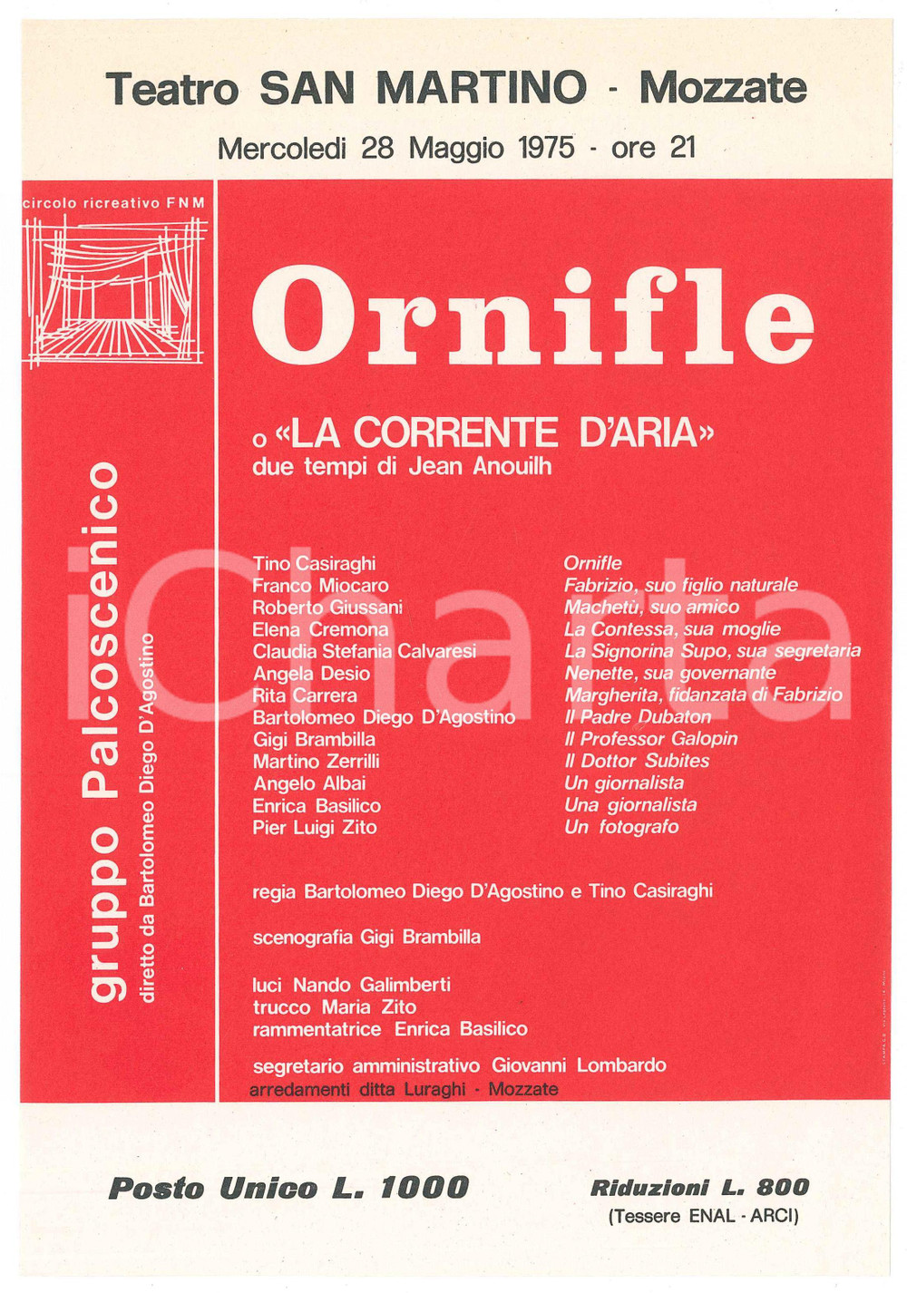 Materiale pubblicitario d’epoca 1975 MOZZATE Teatro SAN MARTINO  GRUPPO PALCOSCENICO Ornifle  Volantino 1 1