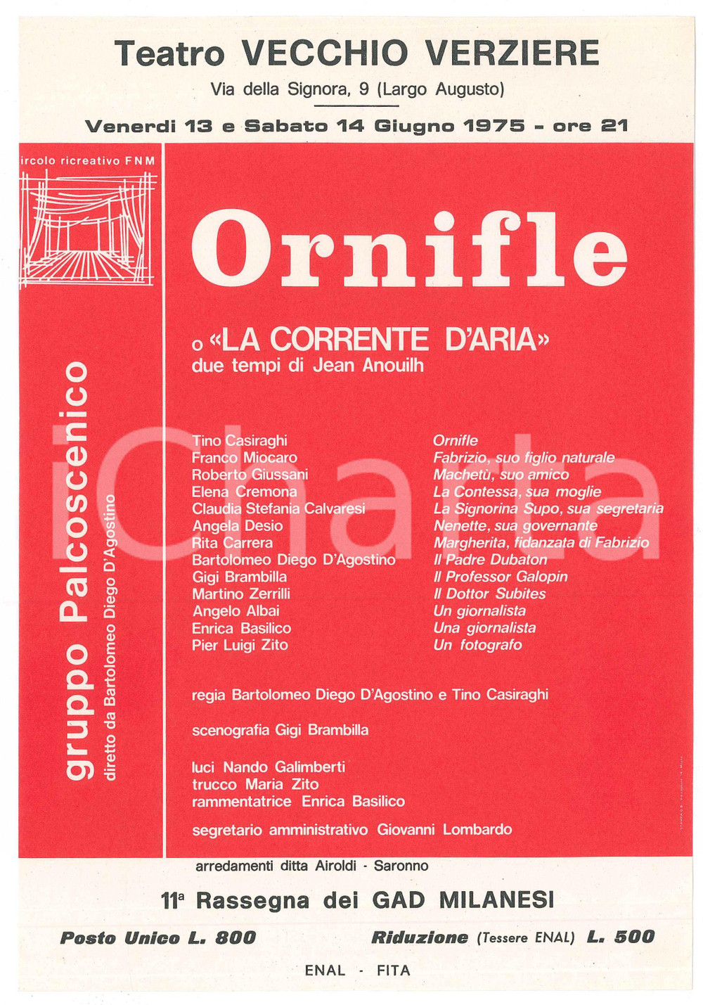 Materiale pubblicitario d’epoca 1975 MILANO Teatro VECCHIO VERZIERE  GRUPPO PALCOSCENICO Ornifle  Volantino 1