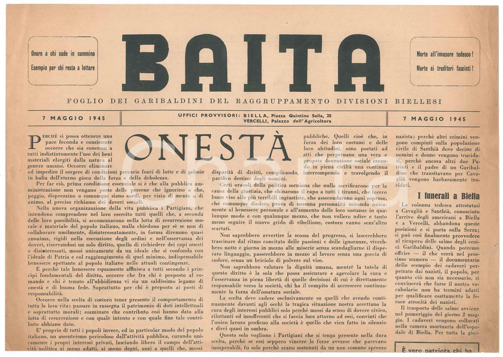 7 Maggio 1945 BAITA Giornale GARIBALDINI - Morte Comandante PISANO a Cigliano Giornale originale d'epoca, "Foglio dei garibaldini della 12^ Divisione d'Assalto".PAGINE: 4 FAIR/discreto piegature d'epoca; lievi piegature marginali  originale e autentica 1
