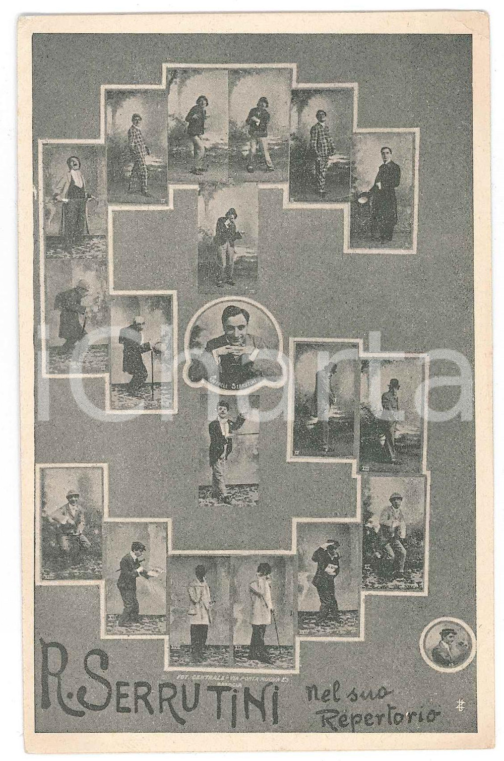 1915 ca TEATRO COMICO Raffaele SERRUTINI nel suo repertorio - Cartolina O' scemo Cartolina pubblicitaria d'epoca, con testo della canzone "O' scemo" al verso. FAIR/discreto lievi piegature angolari con abrasioni Formato: 9x14 cm originale e autentica 1