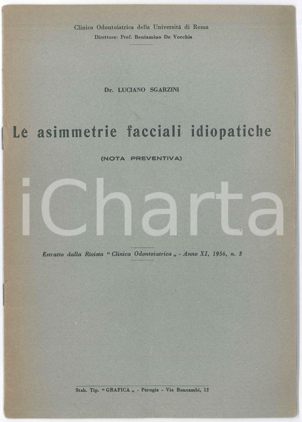 1956 Luciano SGARZINI Le asimmetrie facciali idiopatiche - Estratto Pubblicazione d'epoca, illustrata. Estratto dalla rivista Clinica Odontoiatrica - Anno XI, 1956, n.3TIPOGRAFIA: Grafica - PerugiaPAGINE: 8 FAIR/discreto Lievi bruniture e segni di usura Formato: 16x24 cm originale e autentica 1