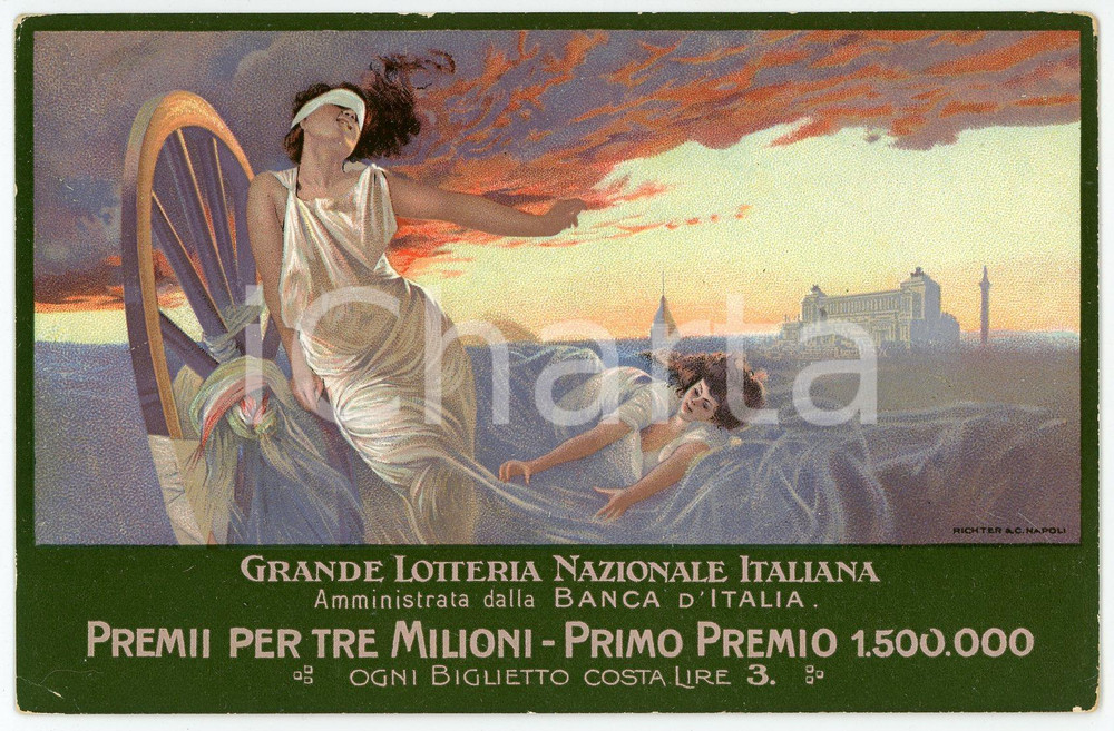 1911 GRANDE LOTTERIA NAZIONALE ITALIANA - Cartolina ILLUSTRATA (3)  Cartolina postale d'epoca, non viaggiata. GOOD/buono  Formato: 14x9 cm originale e autentica 1