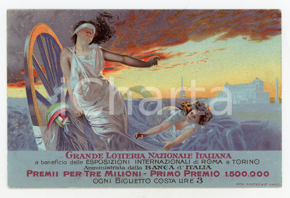 1911 GRANDE LOTTERIA NAZIONALE ITALIANA - Cartolina ILLUSTRATA (1)  Cartolina postale d'epoca, viaggiata.CONDIZIONI: FFORMATO: FP GOOD/buono  Formato: 14x9 cm originale e autentica 1