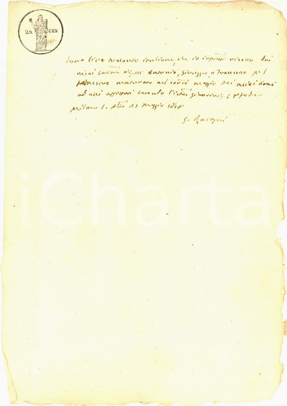Manoscritto, lettera originale 1821 MILANO Ricevuta Giuseppe Maria RACCAGNI ai nipoti per beni in affitto 1