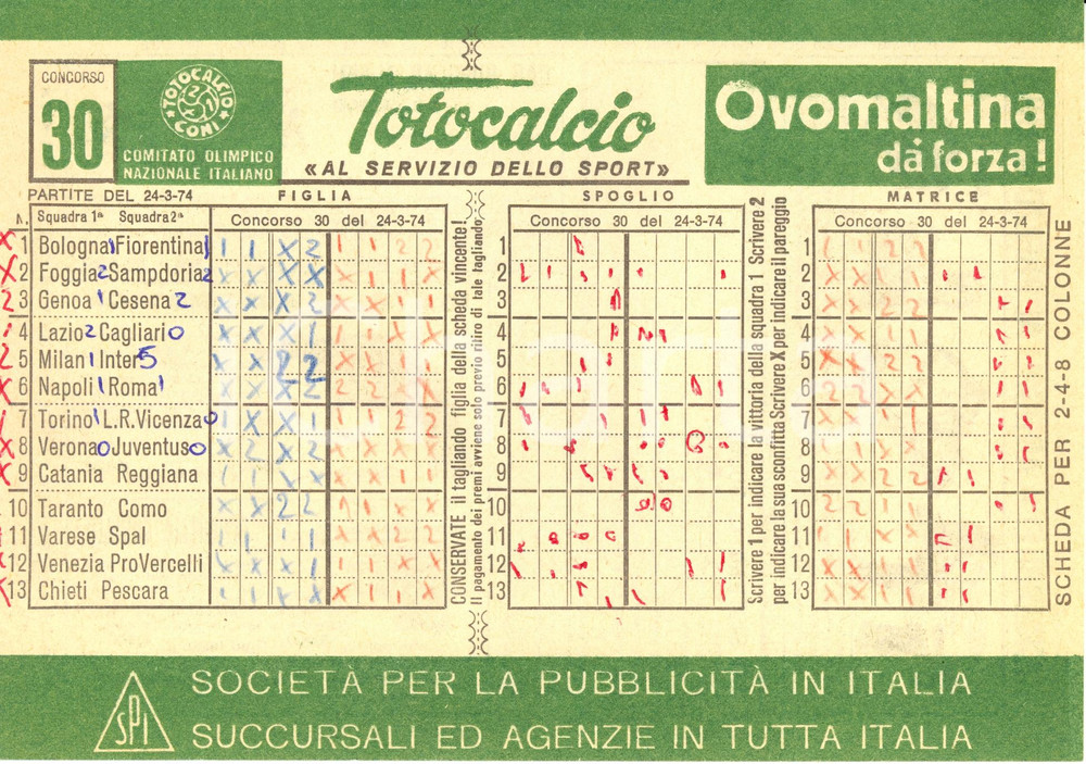 Oggetto da collezione cartaceo 1974 CONI Schedina non giocata TOTOCALCIO Concorso 30 Serie A OVOMALTINA 1 1