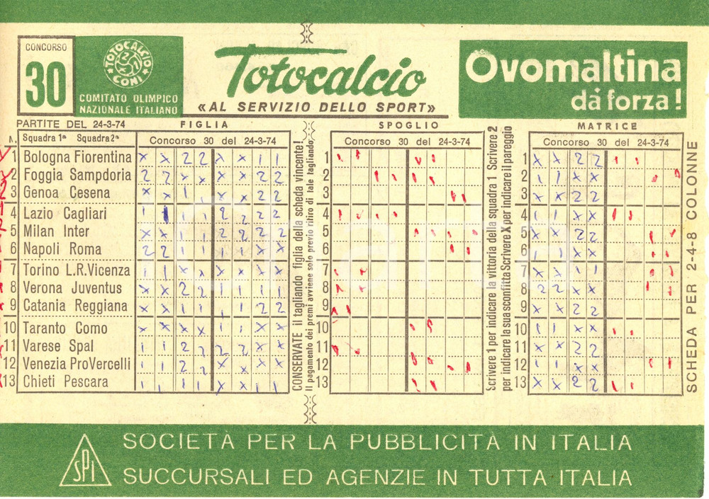 Oggetto da collezione cartaceo 1974 CONI Schedina non giocata TOTOCALCIO Concorso 30 Serie A OVOMALTINA 3 1