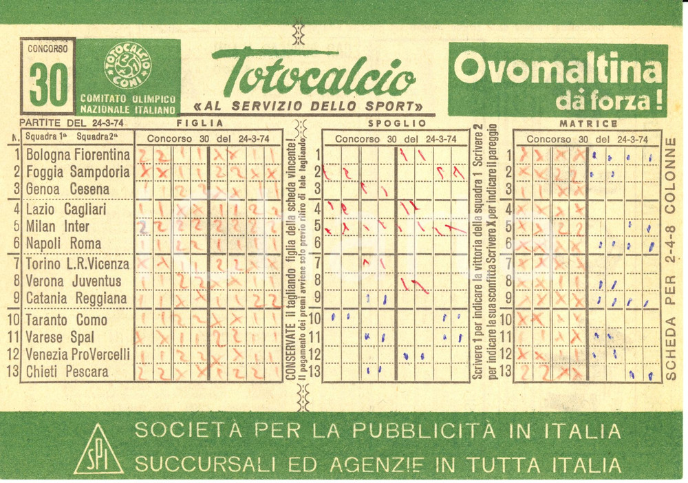 Oggetto da collezione cartaceo 1974 CONI Schedina non giocata TOTOCALCIO Concorso 30 Serie A OVOMALTINA 4 1
