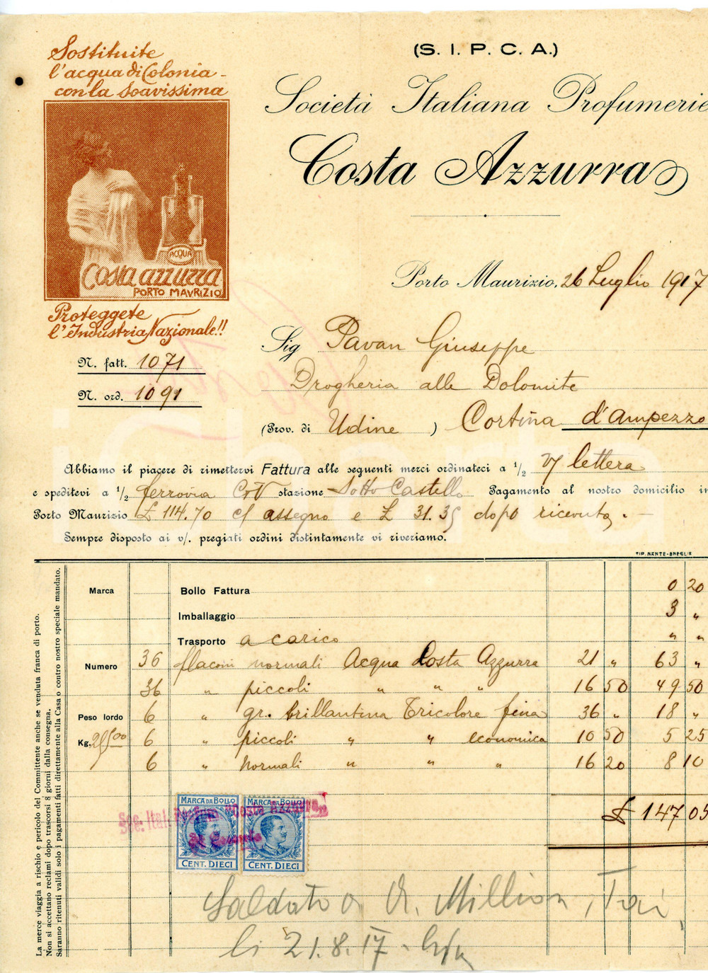 Documento originale, autentico 1917 PORTO MAURIZIO Profumerie COSTA AZZURRA  Fattura intestata con marche 2 1