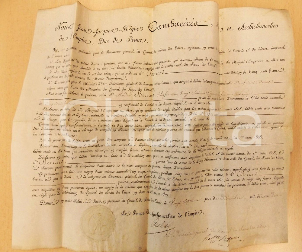 Documento originale, autentico 1810 PARIS Investiture à André BERRARD chasseur d'infanterie pour rente annuelle 1