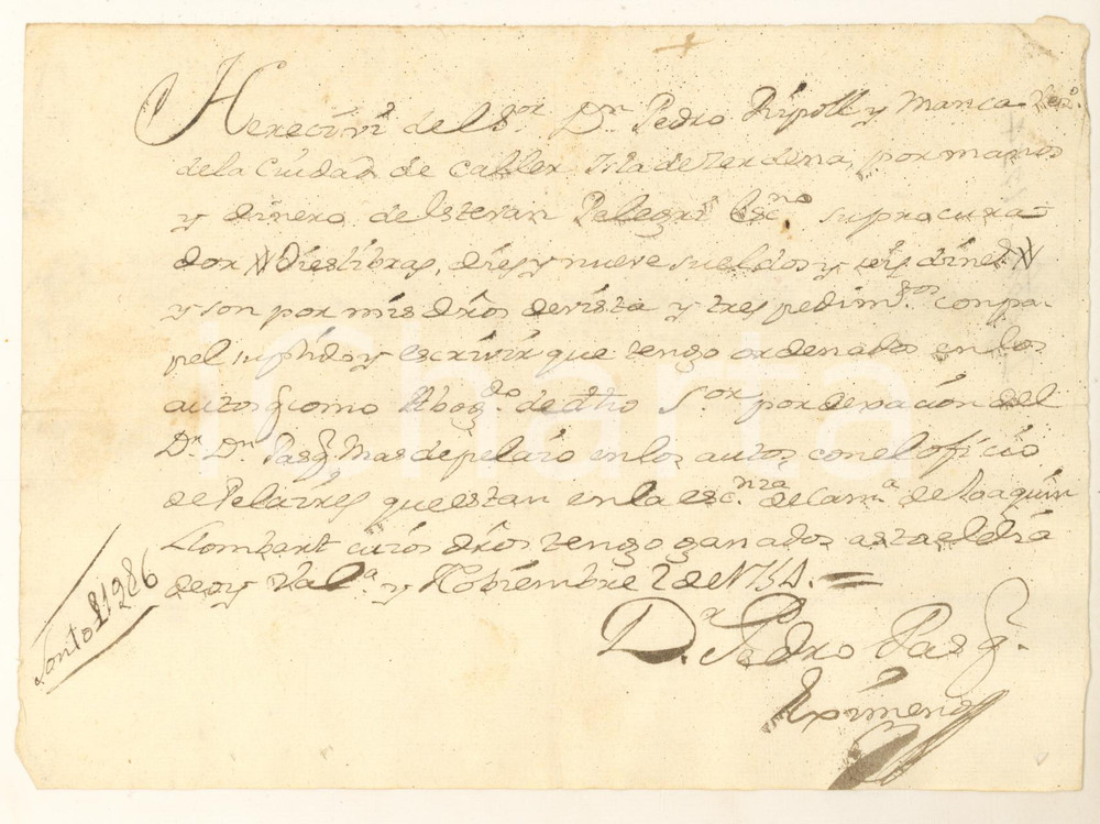 Documento originale, autentico 1736 VALENCIA Ricevuta per versamento diritti  Don Pedro RIPOLL Y MANCA 1