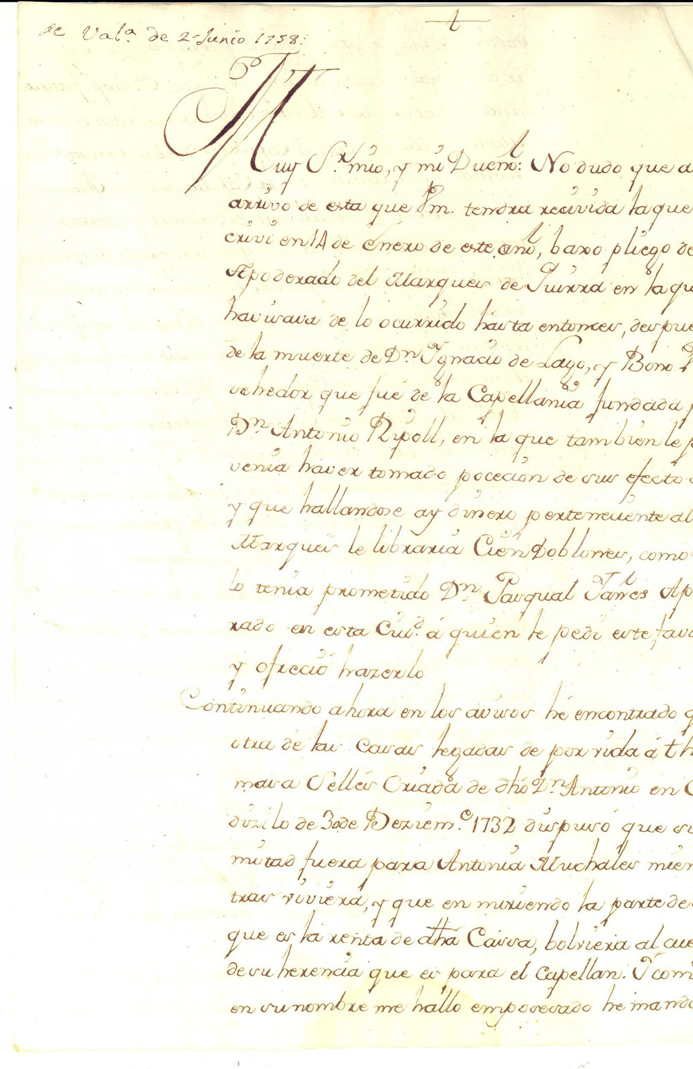 Documento originale, autentico 1758 VALENCIA Don Esteban PELEGRI  a don Pedro RIPOLL Y MANCA sulla cappellania 1