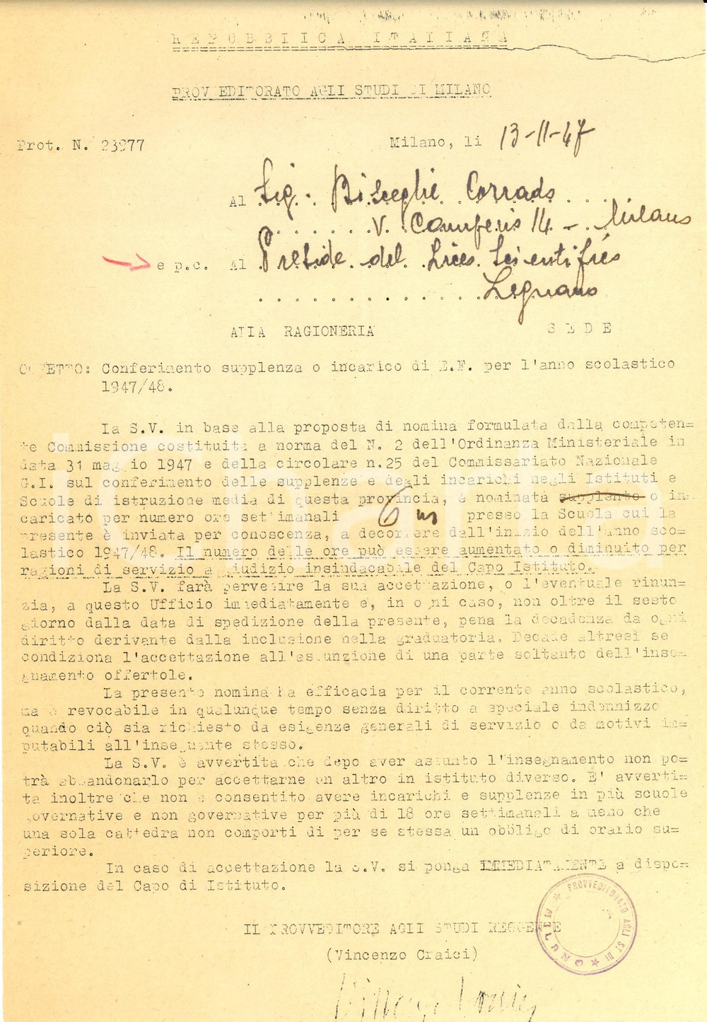 Documento originale, autentico 1947 MILANO Provveditorato Studi Nomina insegnante liceo scientifico di LEGNANO 1