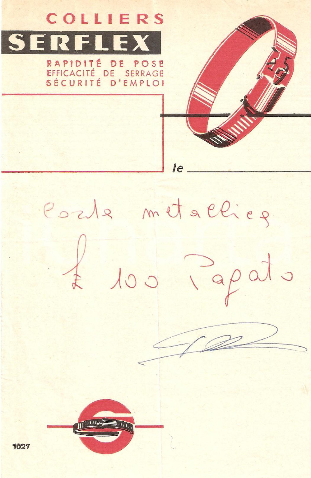 Materiale pubblicitario d’epoca 1965 ca PUBBLICITA  Morsetti SERFLEX Colliers de serrage Ricevuta 12x17 cm 1
