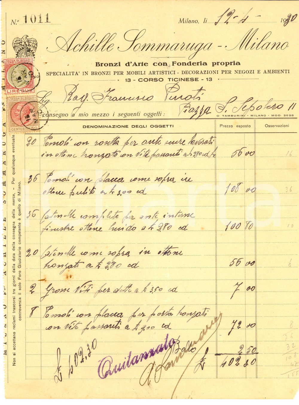 Documento originale, autentico 1930 MILANO Achille SOMMARUGA Bronzi d arte e fonderia 1