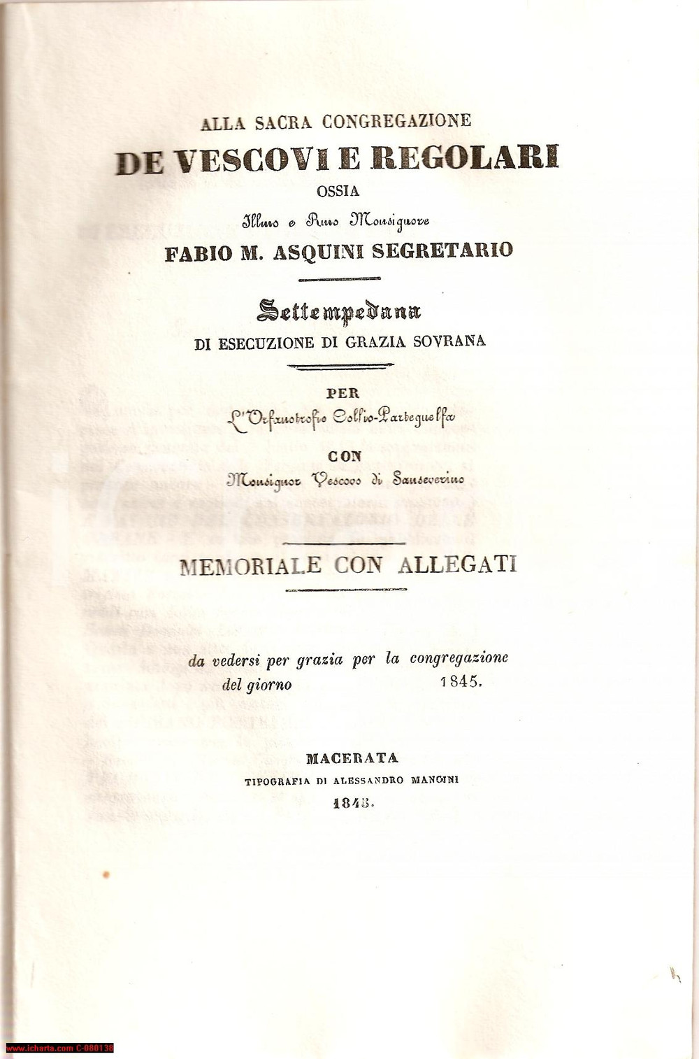 Libro, pubblicazione d epoca 1845 SAN SEVERINO MARCHE Settempedana per Orfanotrofio COLLIOPARTEGUELFA 1