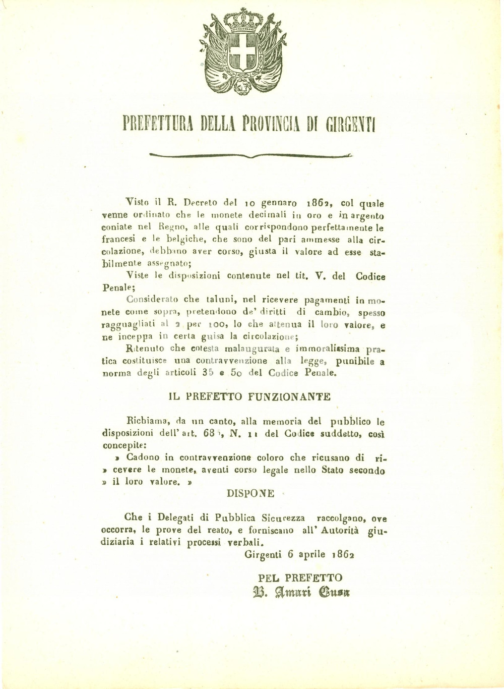 Documento originale, autentico 1862 GIRGENTI AG Pene severe per chi rifiuta pagamenti con monete del REGNO 1