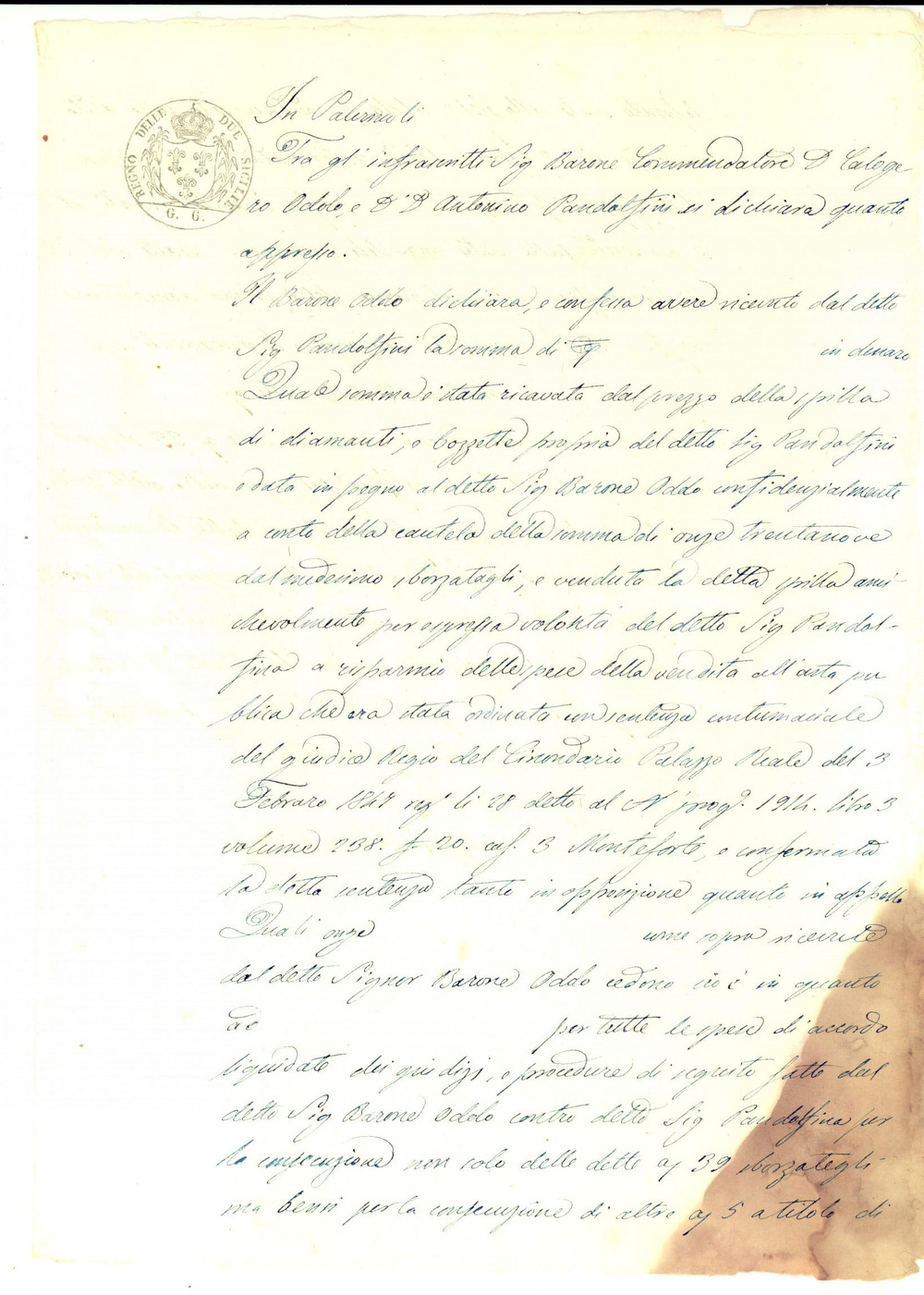 Documento originale, autentico 1850 ca PALERMO Calogero ODDO vende spilla di diamanti di Antonio PANDOLFINI 1