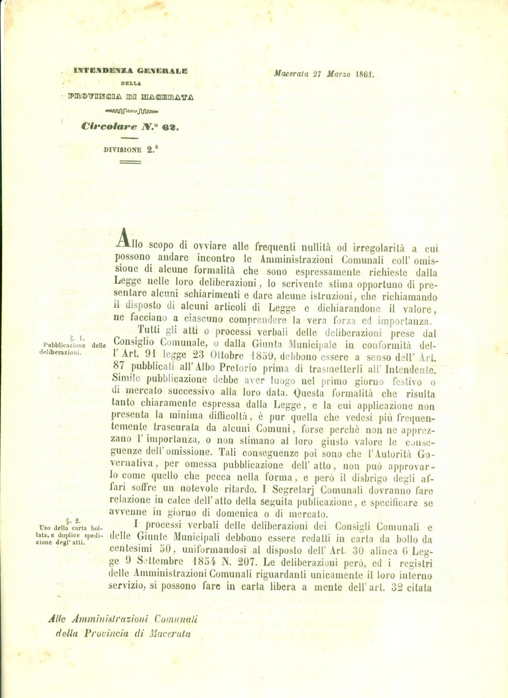 Documento originale, autentico 1861 MACERATA Amministrazioni Comunali stiano piÃ¹ attente alle giuste procedure 1