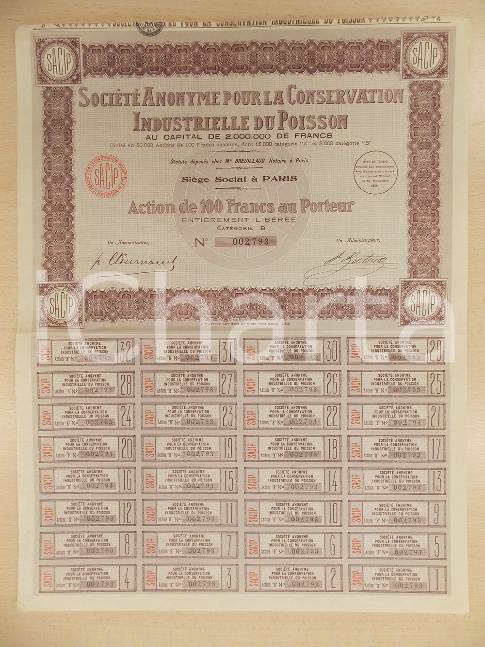 Oggetto da collezione cartaceo 1930 ca PARIS SociÃ©tÃ© Anonyme Conservation Industrielle du Poisson Action 1