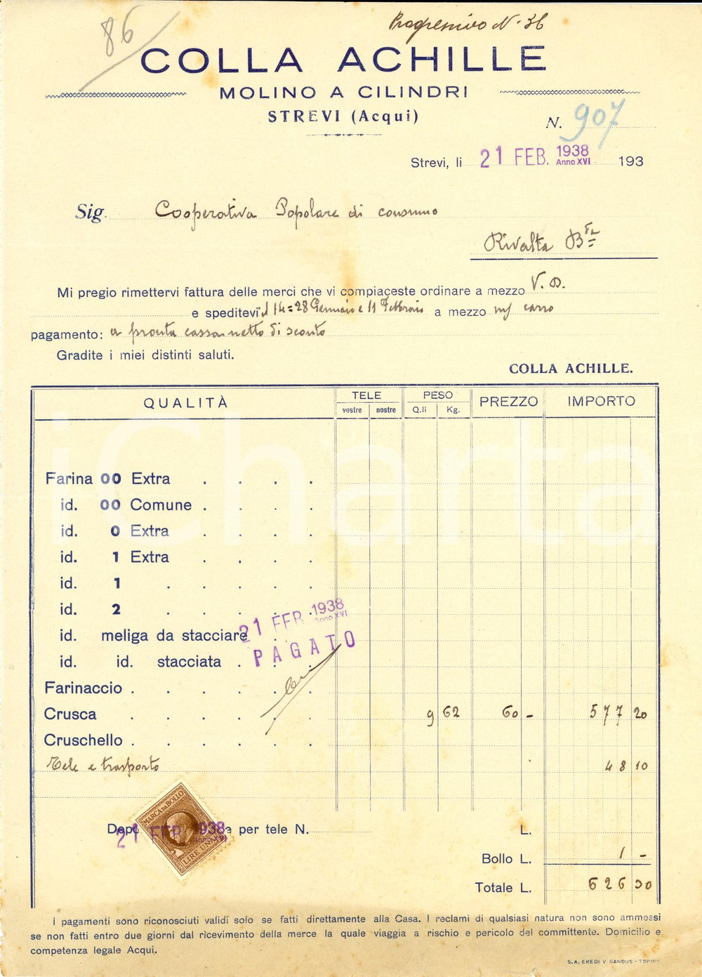 Documento originale, autentico 1938 STREVI AL Achille COLLA  Molino a cilindri Fattura intestata con bollo 1