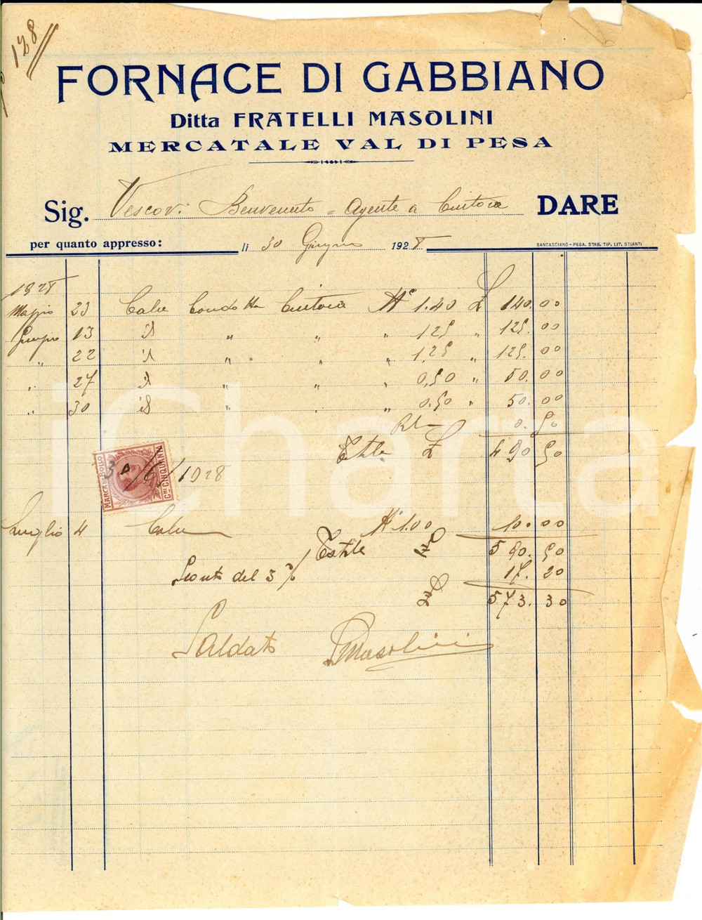 Documento originale, autentico 1928 MERCATALE IN VAL DI PESA Fornace GABBIANO Ditta Fratelli MASOLINI Fattura 1
