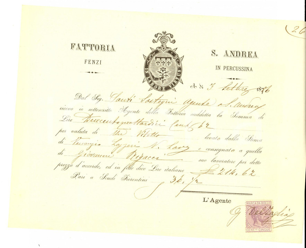 Documento originale, autentico 1880 SANT ANDREA IN PERCUSSINA FI Fattoria FENZI Ricevuta per vitello 1