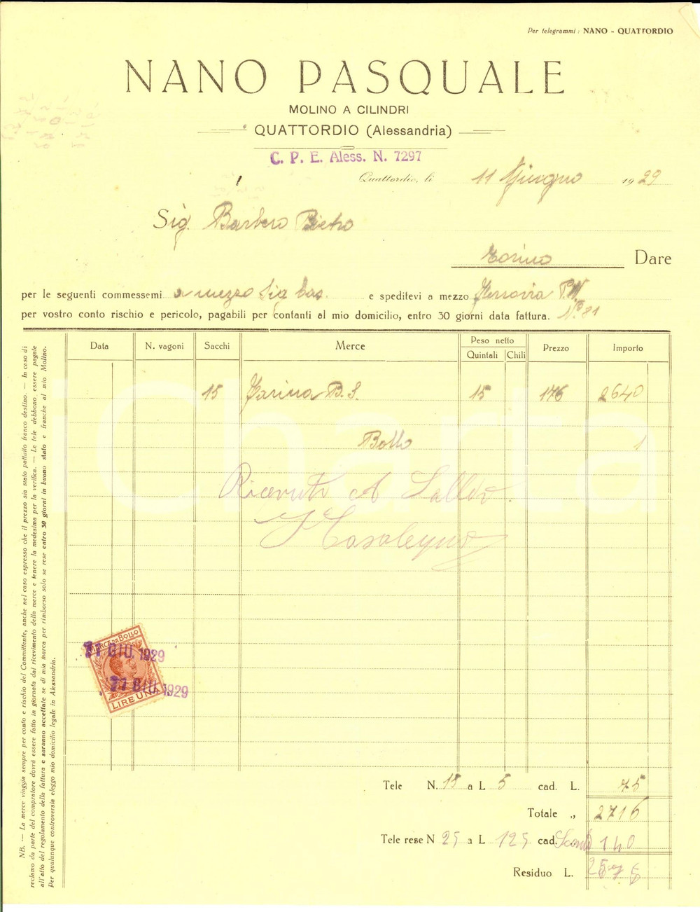 Documento originale, autentico 1929 QUATTORDIO AL Molino a clilindri Pasquale NANO Fattura per farina 1