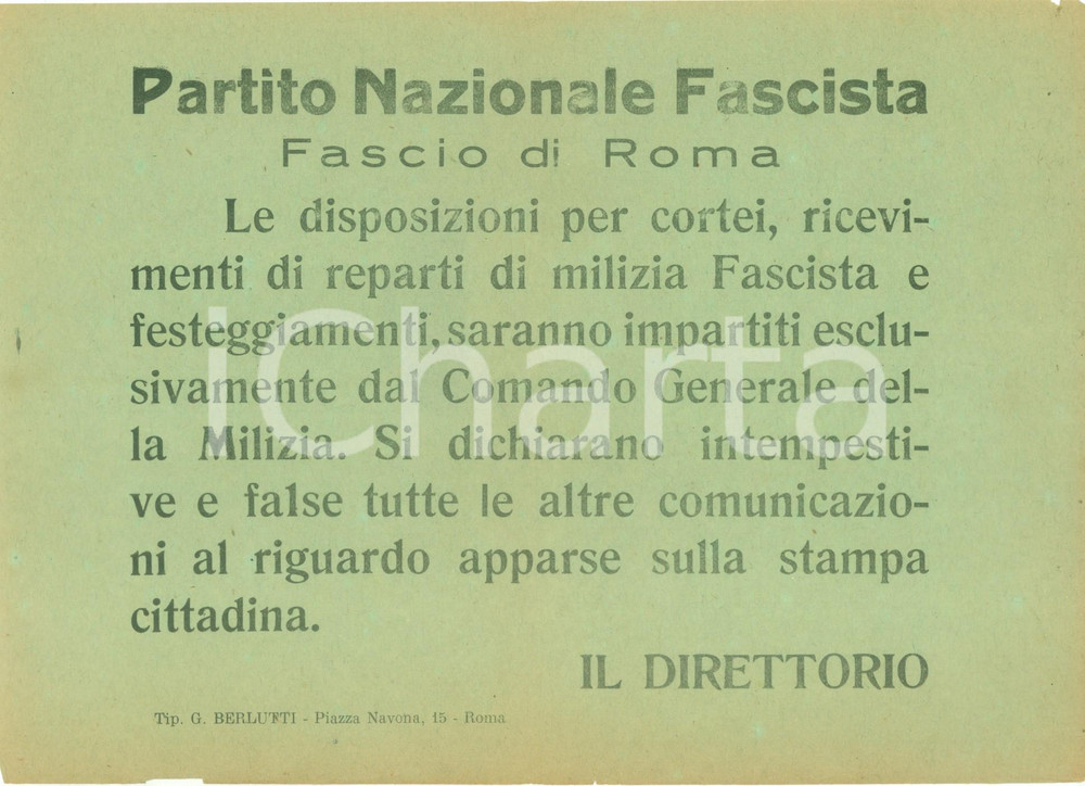 Documento originale, autentico 1935 ca ROMA Solo la Milizia MVSN può impartire norme per cortei Volantino 1