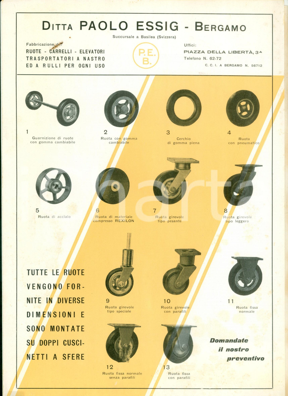 Materiale pubblicitario d’epoca 1950 ca BERGAMO Ditta Paolo ESSIG ruote carrelli elevatori Opuscolo ILLUSTRATO 1