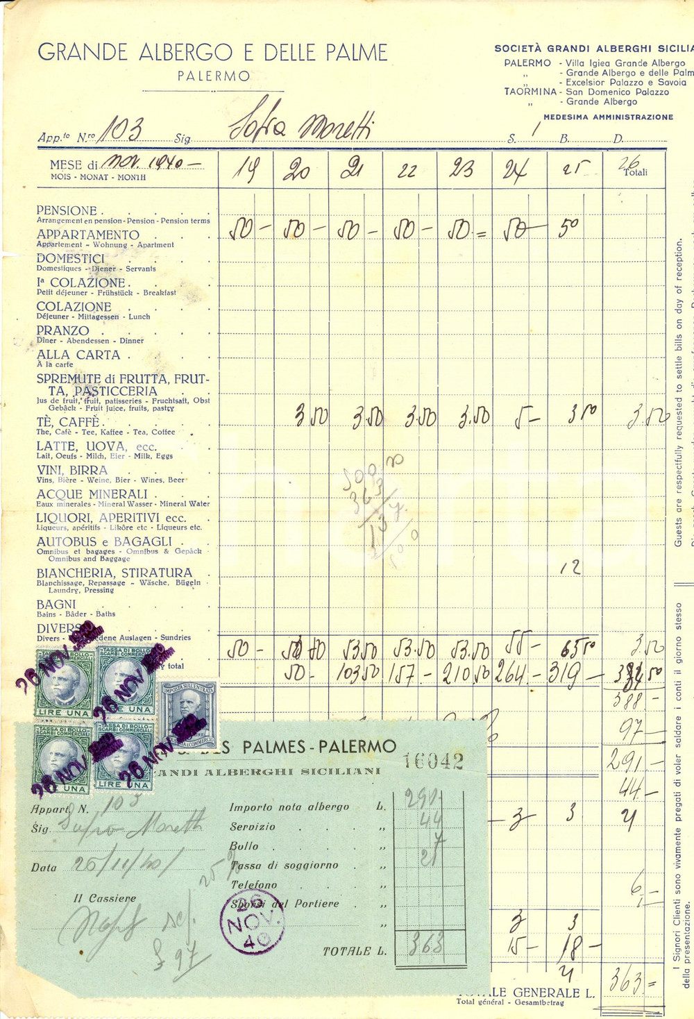 Documento originale, autentico 1940 PALERMO Grande albergo e delle palme Ricevuta manoscritta INTESTATA 1