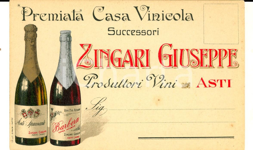 Cartolina originale da collezione 1910 ca ASTI Premiata Casa Vinicola successori Giuseppe ZINGARI Cartolina 1