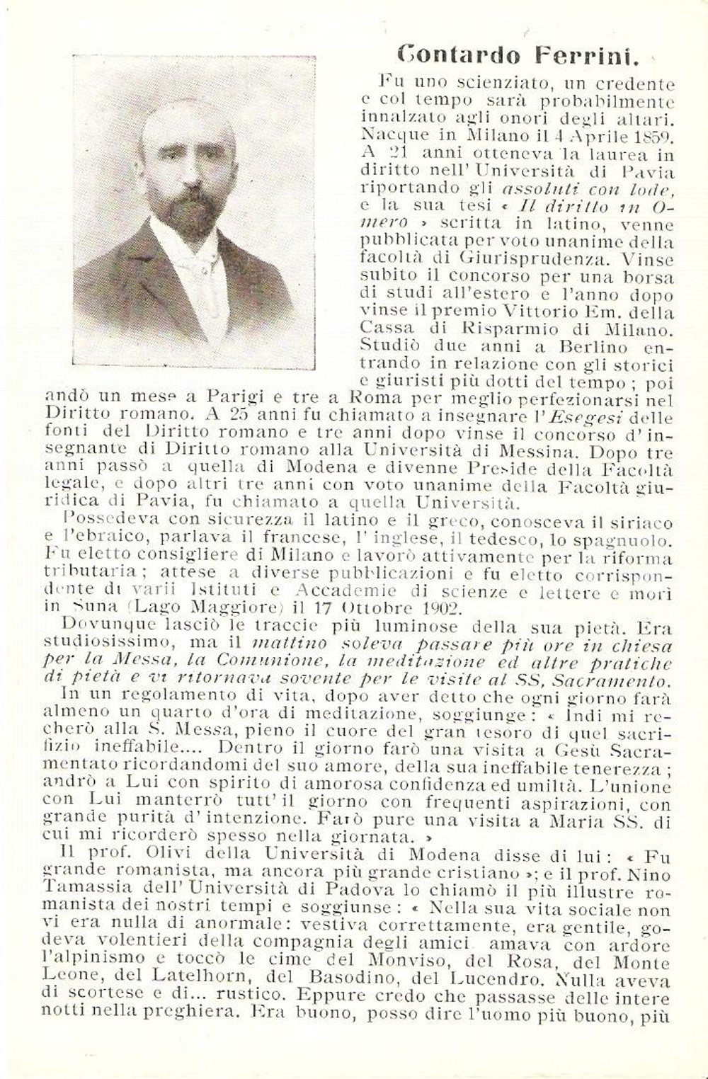 Cartolina originale da collezione 1920 ca CONTARDO FERRINI Cartolina con biografia FP VG 1