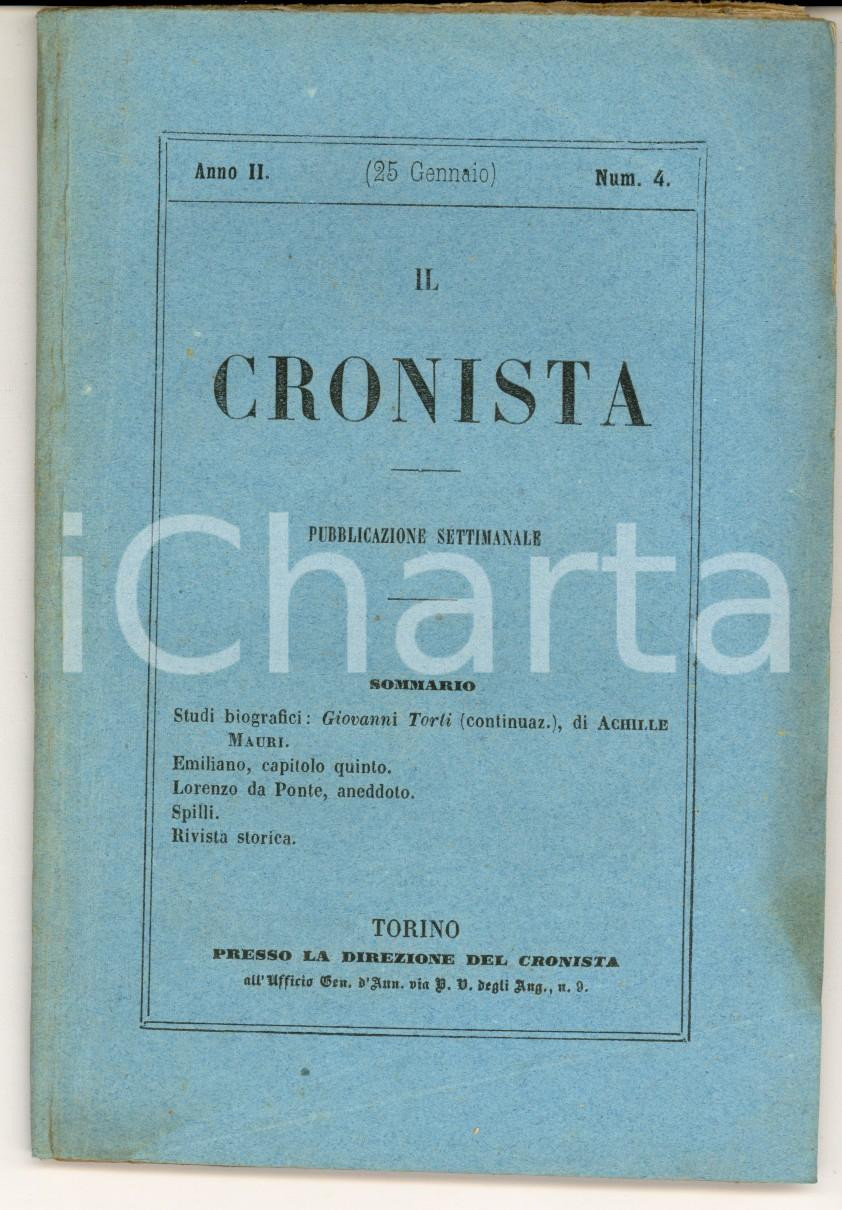 Giornale, rivista storica 1857 IL CRONISTA Pubblicazione di CIRO D ARCO Biografia Giovanni TORTI  MAURI 1